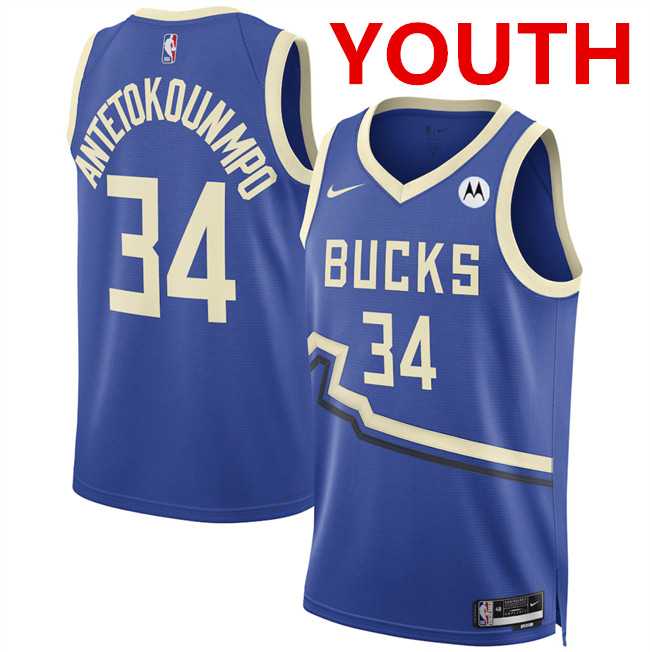 Youth Milwaukee Bucks #34 Giannis Antetokounmpo Royal 2024-25 City Edition Stitched Jersey Dzhi->chicago bulls->NBA Jersey